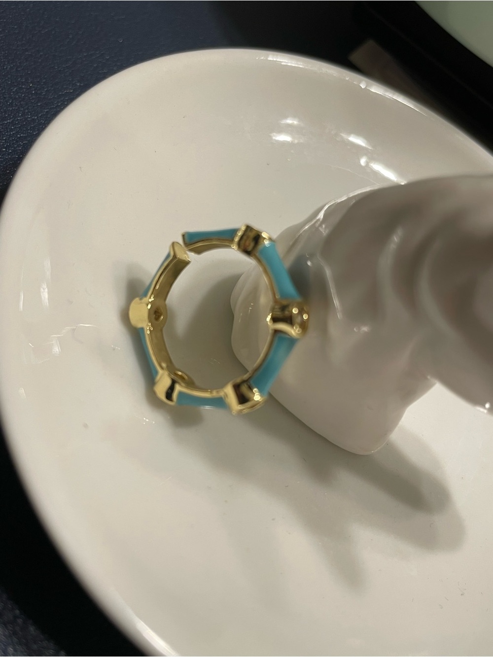 Gold and Turquoise Enamel Bezel CZ Adjustable Ring - Size 7